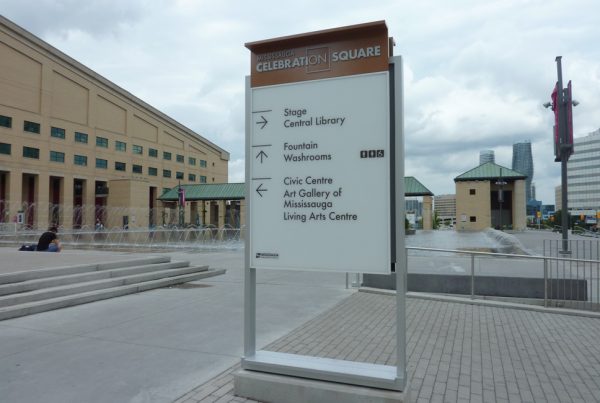 Sign of Mississauga Celebration Square, Arrows pointing to Stage Central Library, Fountain Washrooms, Civic Centre